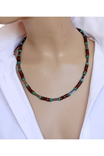 shop قلادة Mi للرجال من الحجر الطبيعي - حجر الهيماتيت الرمادي، خشبي وخرز من ا...