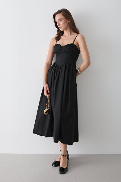 Laluvia Black Waist Detailed Poplin Dress - 2001