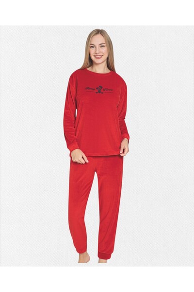 Fil Kids Women's Cotton Velvet Fabric Red Always Forever Patterned Winter Mother-Daughter Pajamas Set
