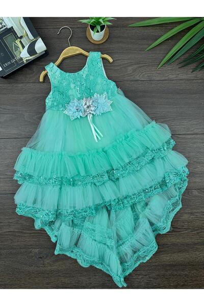 seanto “Kız Çocuk Abiye Elbise Tüllü Kat Kat Fırfırlı Çiçek Detaylı Davet & Özel Gün Elbisesi