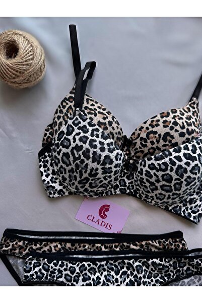 CLADİS Women's Leopard Print Breathable Stretchy Combed Cotton Push-Up Bra & Panty Set