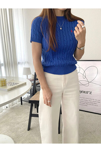 ASEZ BUTİK Pulover de tricotat albastru cu mânecă scurtă pentru femei – cu decolteu crew, croiala ajustată”