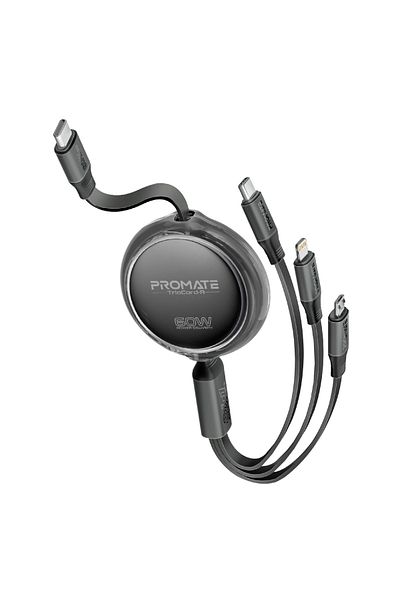 Promate 3in1 ultra-fast retractable multi-connector cable