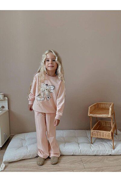 YİGİT BUTİK طقم ملابس علوية وسفلية بأكمام طويلة مطبوعة بفيونكة للفتيات