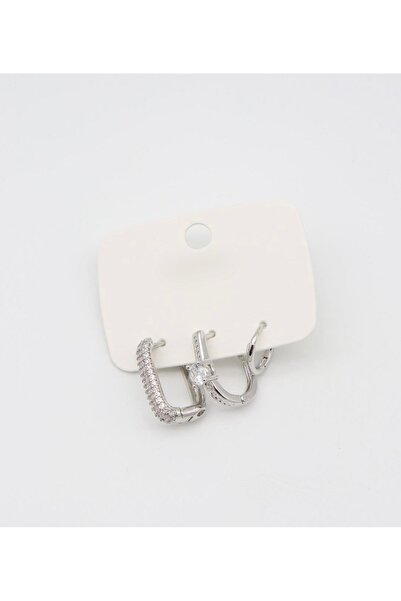 MODA Üçlü Gümüş Renk Minimalist Taşlı Halka Çelik Küpe Seti