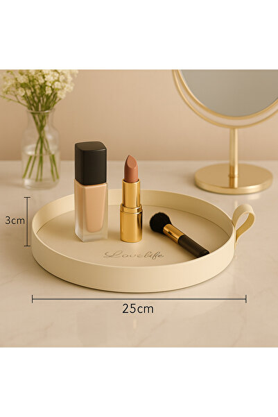 Fiyakalı Ürünler Atölyesi Cream Color Metal Presentation Tray, Makeup Organizer, Jewelry, Bathroom Objects Collection Tray, Leather Based