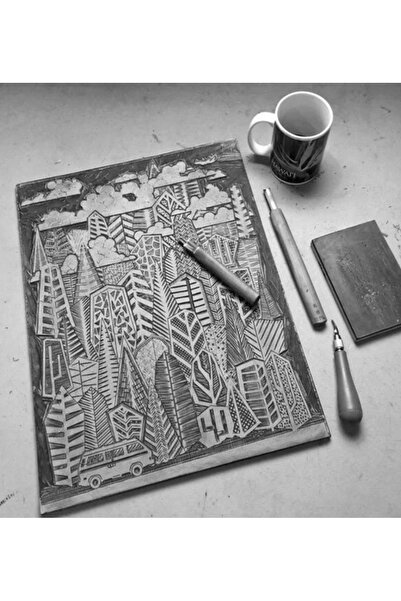 Minopi Linol Tabaka Levha 2.5 Mm 20X30 Cm , Siyah Mürekkep , Rulo Sünger , 3'lü Oyma Seti , Linol Baskı