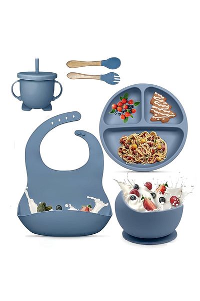 Brivoo® Silicone baby diversification set, Brivoo®, plate with suction cup, bowl, Light blue gray