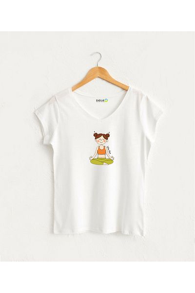 Kidilia Yoga Line Figure Visual Women's V-Neck 100% Cotton Design T-Shirt