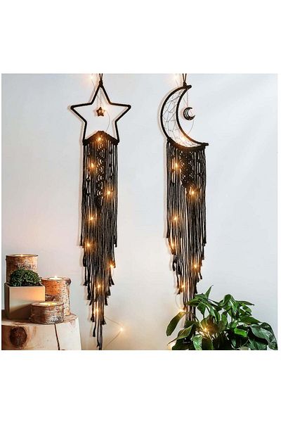 Generic Handmade Moon Star Dream Catcher Kit with LED Lights - 2Pcs Wall Decor for Kids' Bedrooms, Perfect