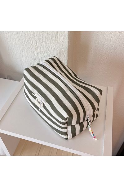 PİNKUE Green-White Striped Wide Makeup Bag/ Care Bag