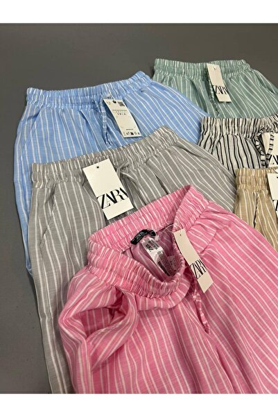 Elif Zara Çizgili Keten şort