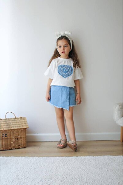 NOBLEKIDS Heart Detailed T-Shirt and Shorts Skirt Set – Blue