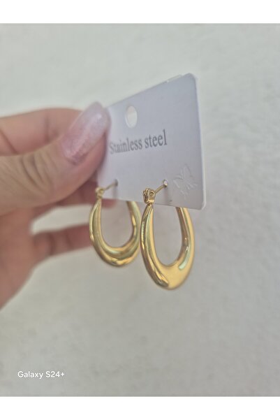 Pinkimaj Hoop Earrings Steel Gold Shiny Oval Medium Size Hoop Models