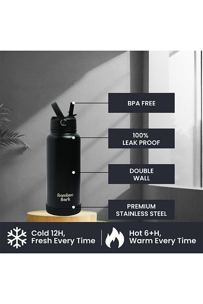 Bamboo Bark 1000 ML Insulated Water Bottle with Sipper Lid – Double Wall Vacuum Flask for Hot & Cold Water