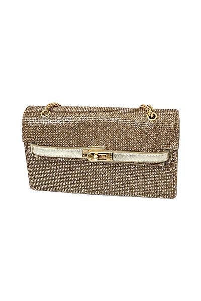 FashionForYou Yzza second-hand bag, with twist side closure and handcrafted rhinestones, Gold