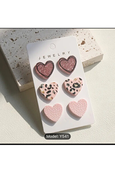 MODA 3’lü Kalp Model Küpe Seti – Simli, Leopar Desenli ve Kabartma Pembe
