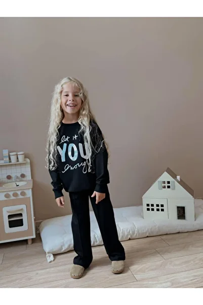 YİGİT BUTİK Glitter Printed Long Sleeve Girl's Bottom Top Set