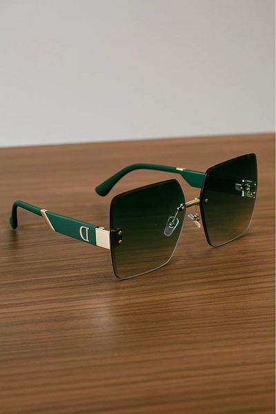 LAALUNA Oversized Rimless Square Sunglasses with Green Gradient Lenses