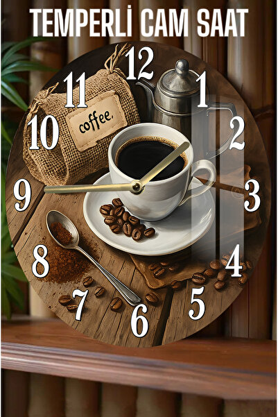 kutuTR Kahve Tutkunlarına Özel Tasarım 3D Görünümlü Temperli Cam Saat – 33 cm CSDW212
