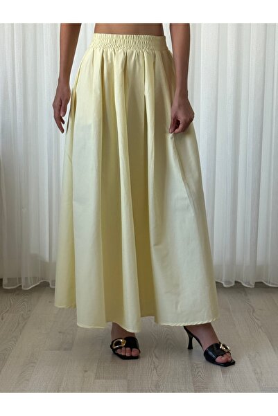 LUNARE BUTİK KADIN AÇIK SARI CEPLİ MİDİ DOKUMA ETEK
