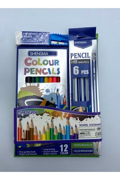A2Z Shengma Complete School Stationery Set 12 Colored Pencils 6 HB Pencils Erasers and Sharpeners