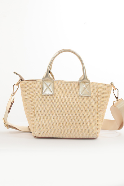 Lunova Beige Straw Women's Letter Model Hand and Shoulder Bag