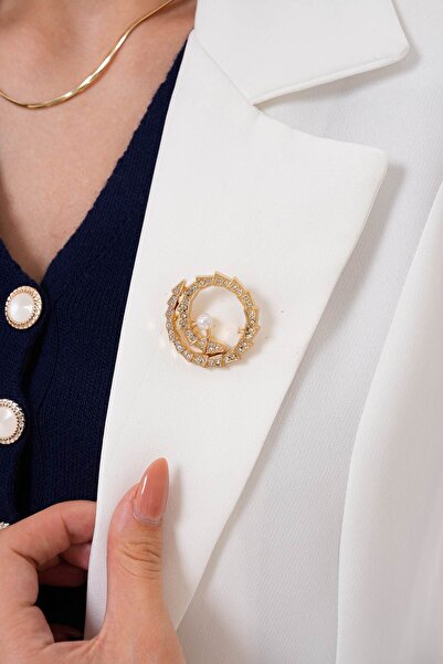 Ateş GOLD PARLAK ZARİF TAŞLI YILAN CHARM MODİFLİ BROŞ