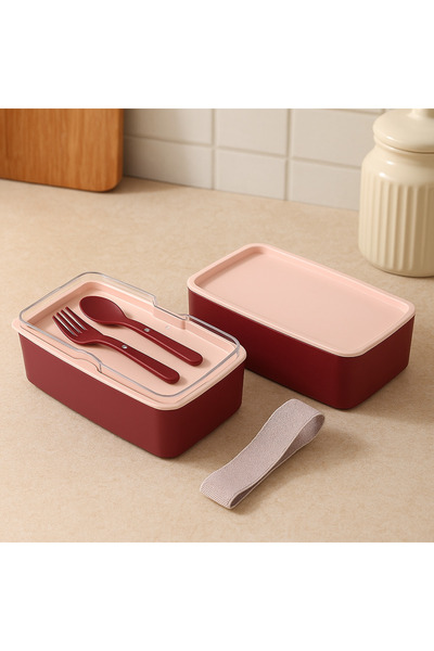 NY HOME Lunch Box 2 Layer Adjustable Fork Spoon Food Storage Container Plum