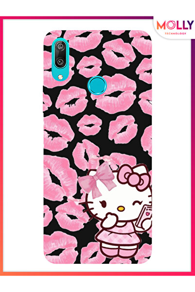 Molly Huawei Y7 2019 İçin Siyah Pink Kiss Kitty Desenli Silikon Kılıf