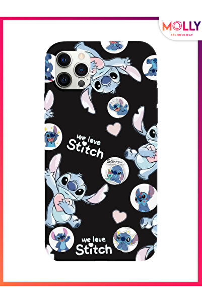 Molly iPhone 12 Pro Max İçin Siyah We Love Stitch Desenli Silikon Kılıf
