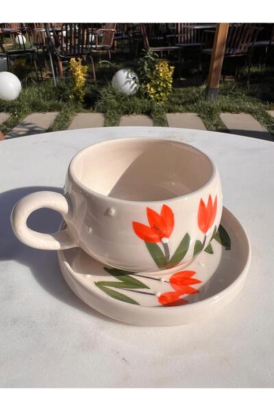 evlashop Tulip Patterned Plate Ceramic Mug/Cup/Mug/Orange