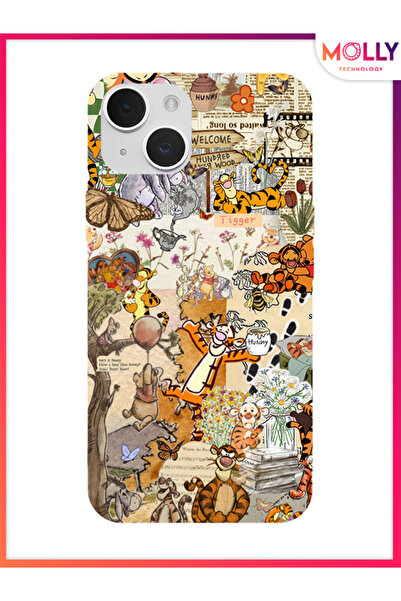 Molly iPhone 13 İçin Siyah Pooh Vintage Desenli Silikon Kılıf