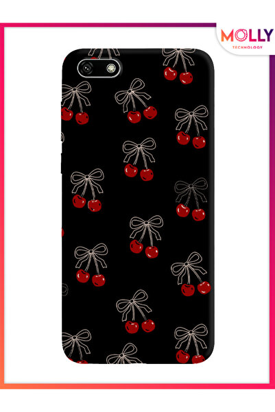 Molly Huawei Y5 2018 İçin Siyah Cherry Desenli Silikon Kılıf