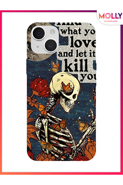Molly iPhone 15 İçin Siyah Deadly Bloom Desenli Silikon Kılıf