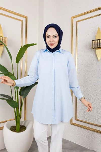 Eliva Cămașă pentru femei Baby Blue Duz Terikoton Cu Butoane Boyfriend Tesettür