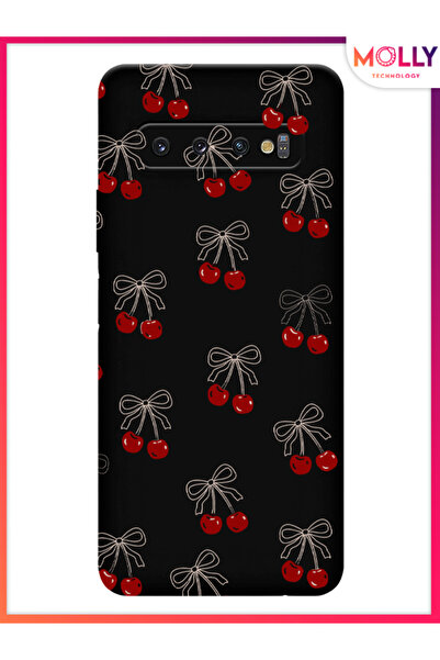Molly Samsung Galaxy S10 Plus İçin Siyah Cherry Desenli Silikon Kılıf