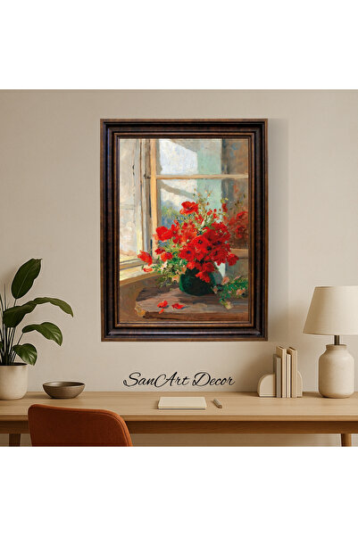Sanart Vintage Painting with Frame, Oil Paint Print Painting, Framed Painting, Artistic Decor, Flower Painting