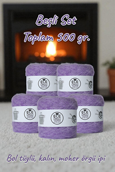 Ece Örgü Tasarım Atölyesi Viyolet, menekşe rengi, bol tüylü moher örgü ipi (500 gr.)