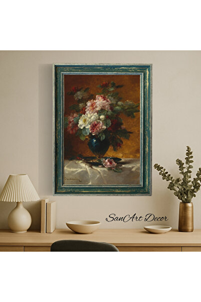 Sanart Vintage Painting with Frame, Oil Paint Print Painting, Framed Painting, Artistic Decor, Flower Painting