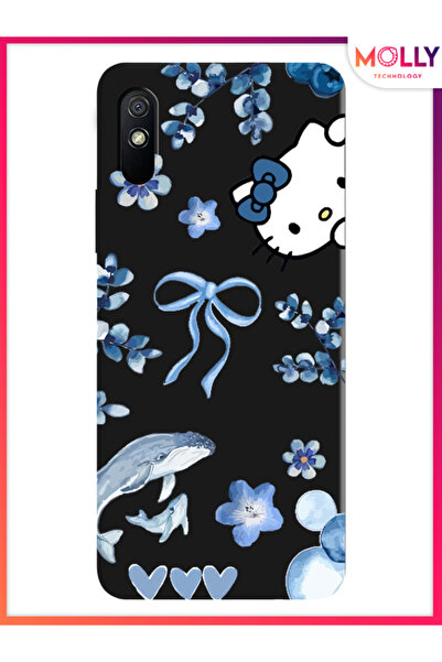 Molly Xiaomi Redmi 9A İçin Siyah Blue Flow Kitty Desenli Silikon Kılıf
