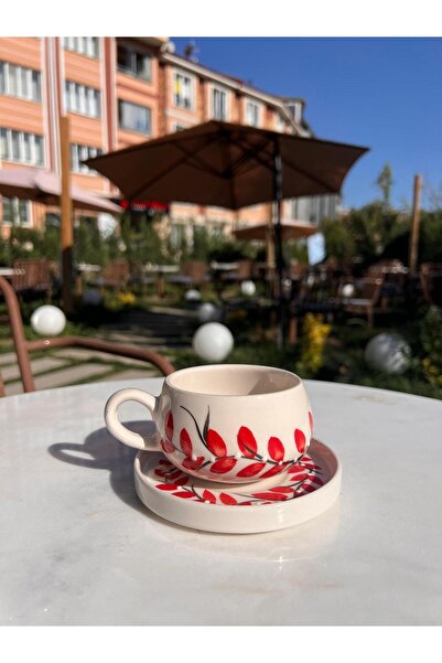 evlashop Leaf Patterned Plate Ceramic Mug/Cup/Mug/Red
