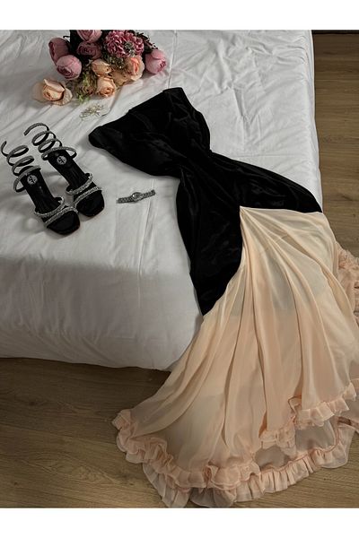leevan fashion Black velvet evening dress with beige chiffon ruffle skirt