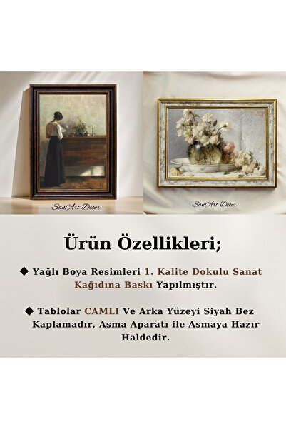 Sanart Pictură de epocă cu cadru, pictură imprimată în ulei, pictură înrămată, decor artistic, pictură cu flori