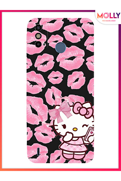 Molly Tecno Spark 6 Go İçin Siyah Pink Kiss Kitty Desenli Silikon Kılıf