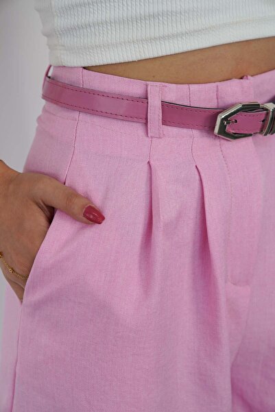 polle Pantaloni scurți din in, roz, cu talie înaltă și curea, pentru femei