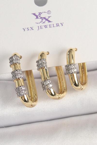 Celira Brass Gold Color 3-Piece Ring Model Silver Zircon Stone Detailed Women's Combination Earrings