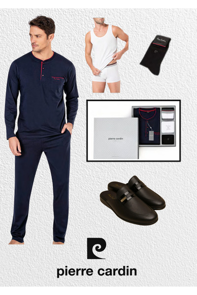 Pierre Cardin Men's Clothing Boxed Dowry Gift Combed Cotton Pajama Set & Undershirt - Boxer & Socks & Leather Slippers Set