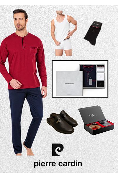 Pierre Cardin Boxed Dowry Combed Cotton Pajama Set & Undershirt - Boxer & Socks & Leather Slippers Set & Belt Wallet Set