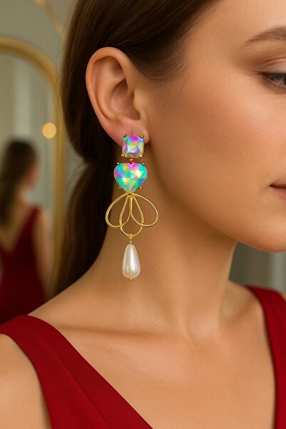 PRVT Holografik Taş ve İncili Abiye Kadın Çelik Küpe – Altın Renk, Özel Gün v...